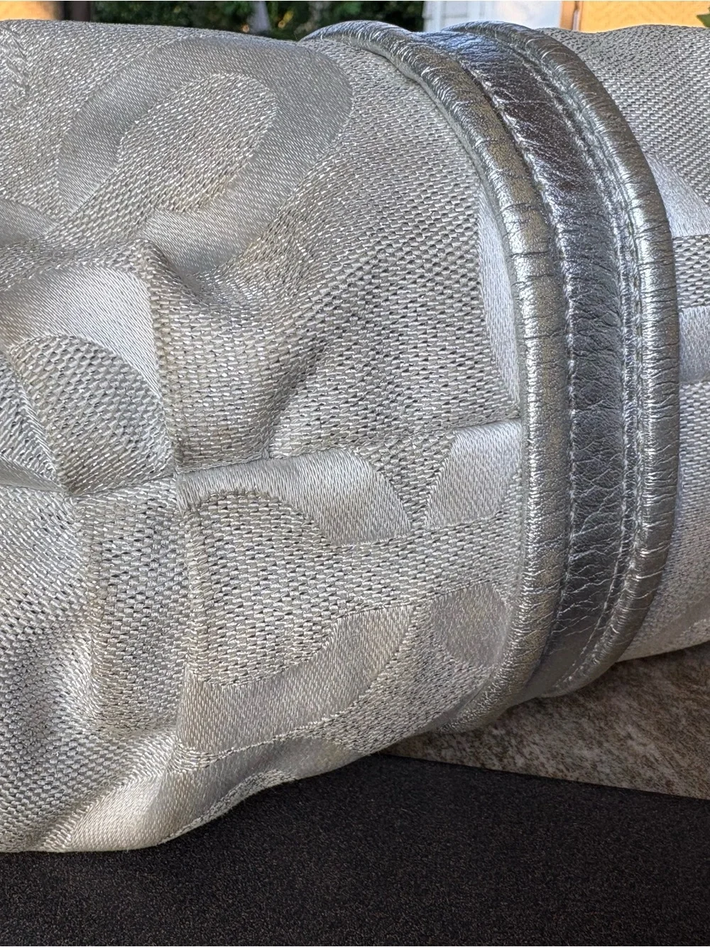Coach Poppy “Glam” Silver Logo Jacquard Tote with Metallic Accents